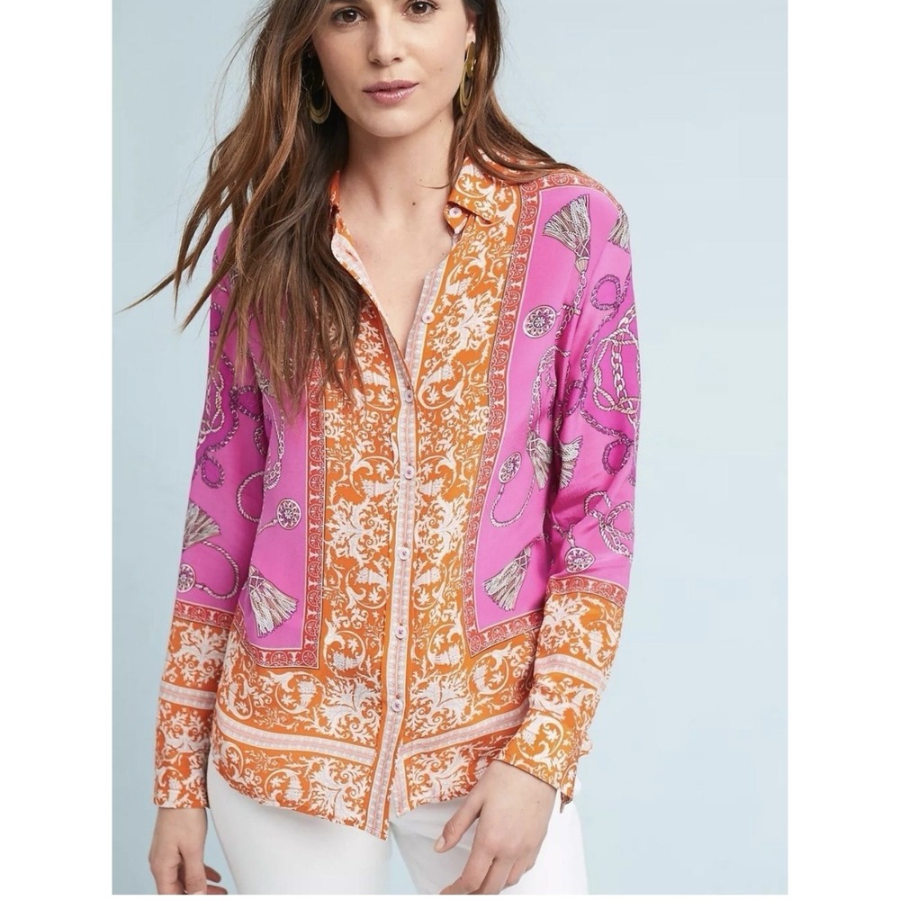 Anthropologie Maeve Potala Silk Buttondown Shirt Size 4